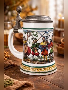 Vintage German Style Beer Stein Pewter Lid Renaissance Scene Tankard Unmarked